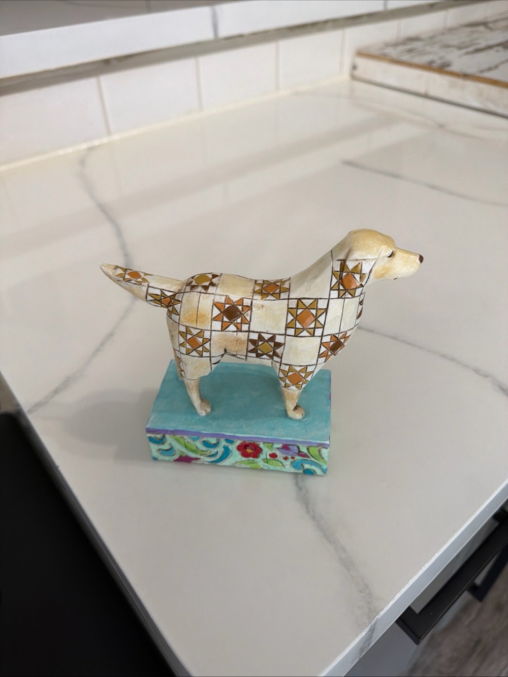 Handcrafted Patchwork Dog Figurine - Decorative Home Art in Cream and Brown